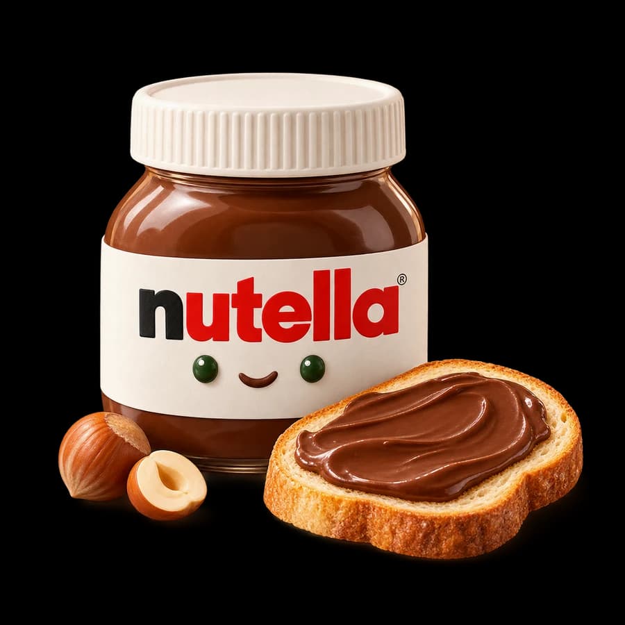 Illustration d’un pot de Nutella souriant accompagné d’une tartine chocolatée et de noisettes