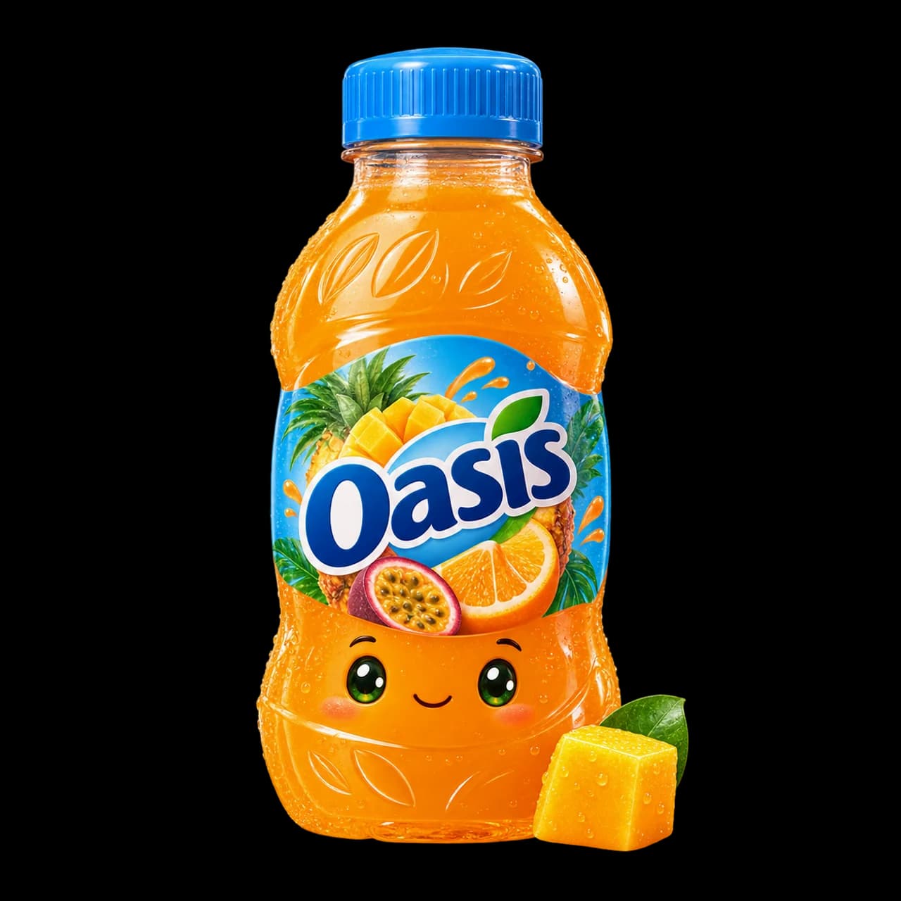 Illustration d’une bouteille d’Oasis Tropical souriante avec un morceau de mangue.