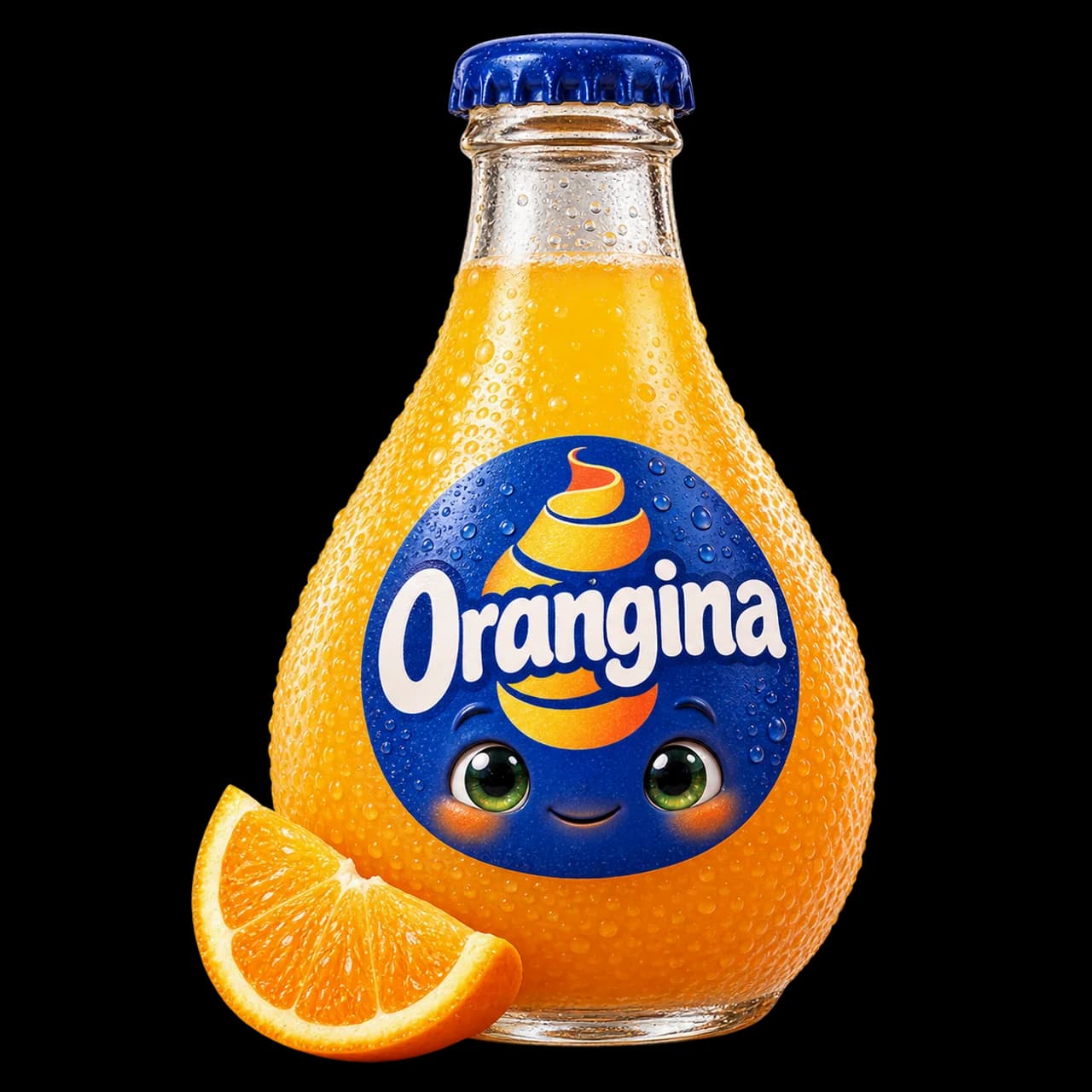 Illustration d’une petite bouteille ronde Orangina souriante et d’un quartier d’orange.