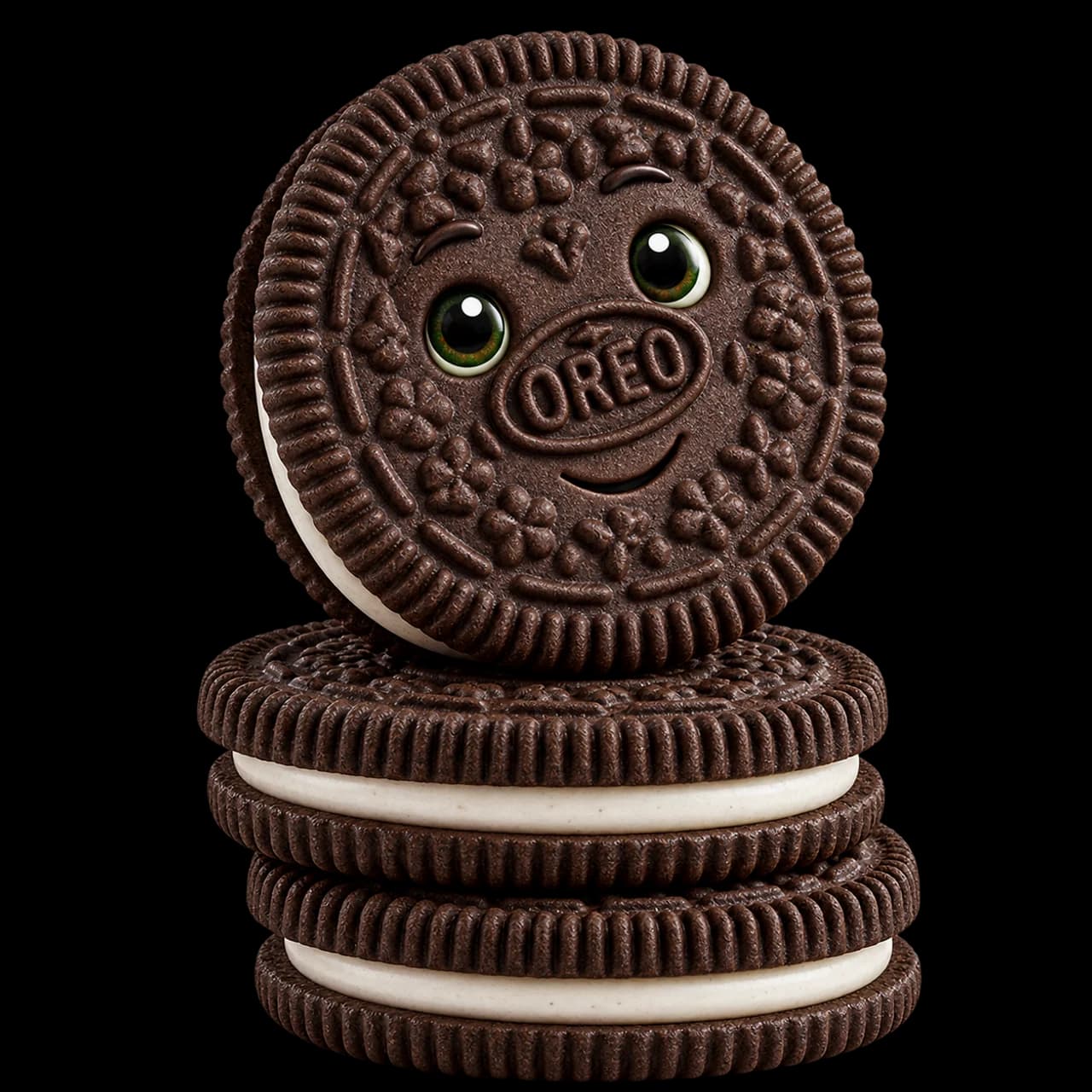 Illustration de trois biscuits Oreo au cacao et fourrage blanc, avec un petit visage souriant.