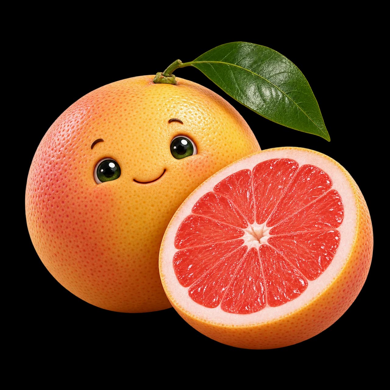 Illustration d’un pomelo jaune et rose souriant avec une moitié à chair rose montrant ses quartiers.