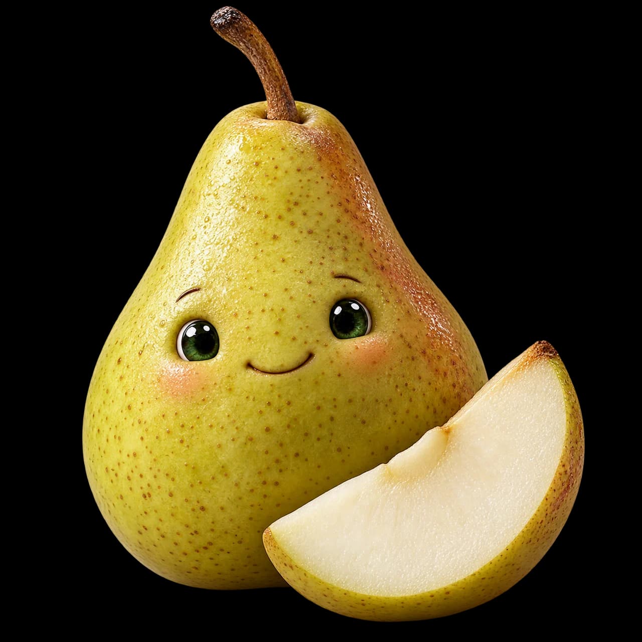 Illustration d’une poire verte et jaune souriante, accompagnée d’un quartier de chair claire.