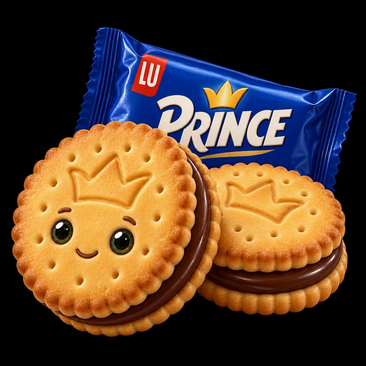 Illustration de biscuits Prince souriants, fourrés au chocolat, devant un emballage bleu.