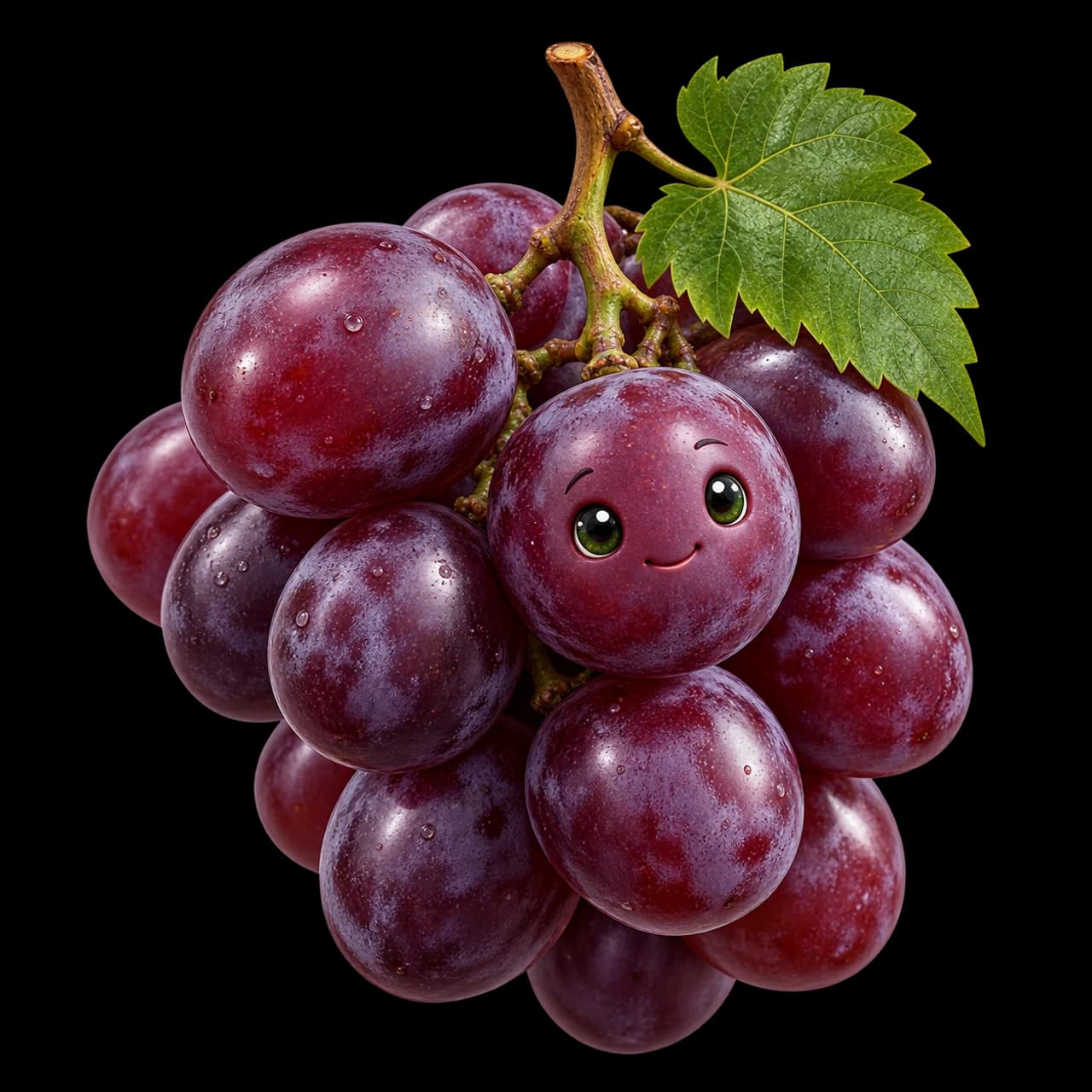 Illustration d’une grappe de raisin violet avec une feuille verte et un grain souriant.