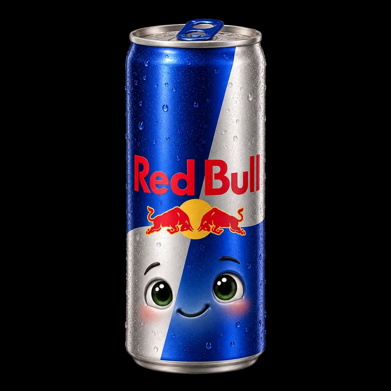 Illustration d’une canette Red Bull bleue et argentée avec un petit visage souriant.