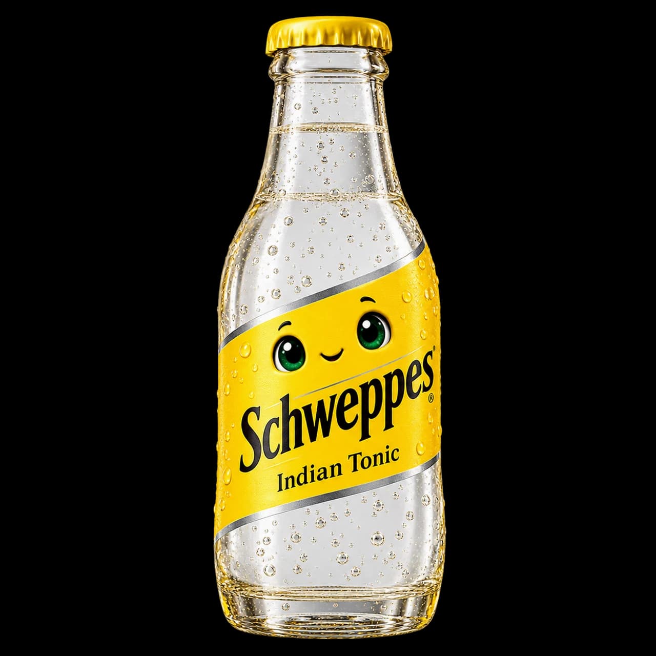 Illustration d’une bouteille Schweppes Indian Tonic transparente à étiquette jaune, souriante.
