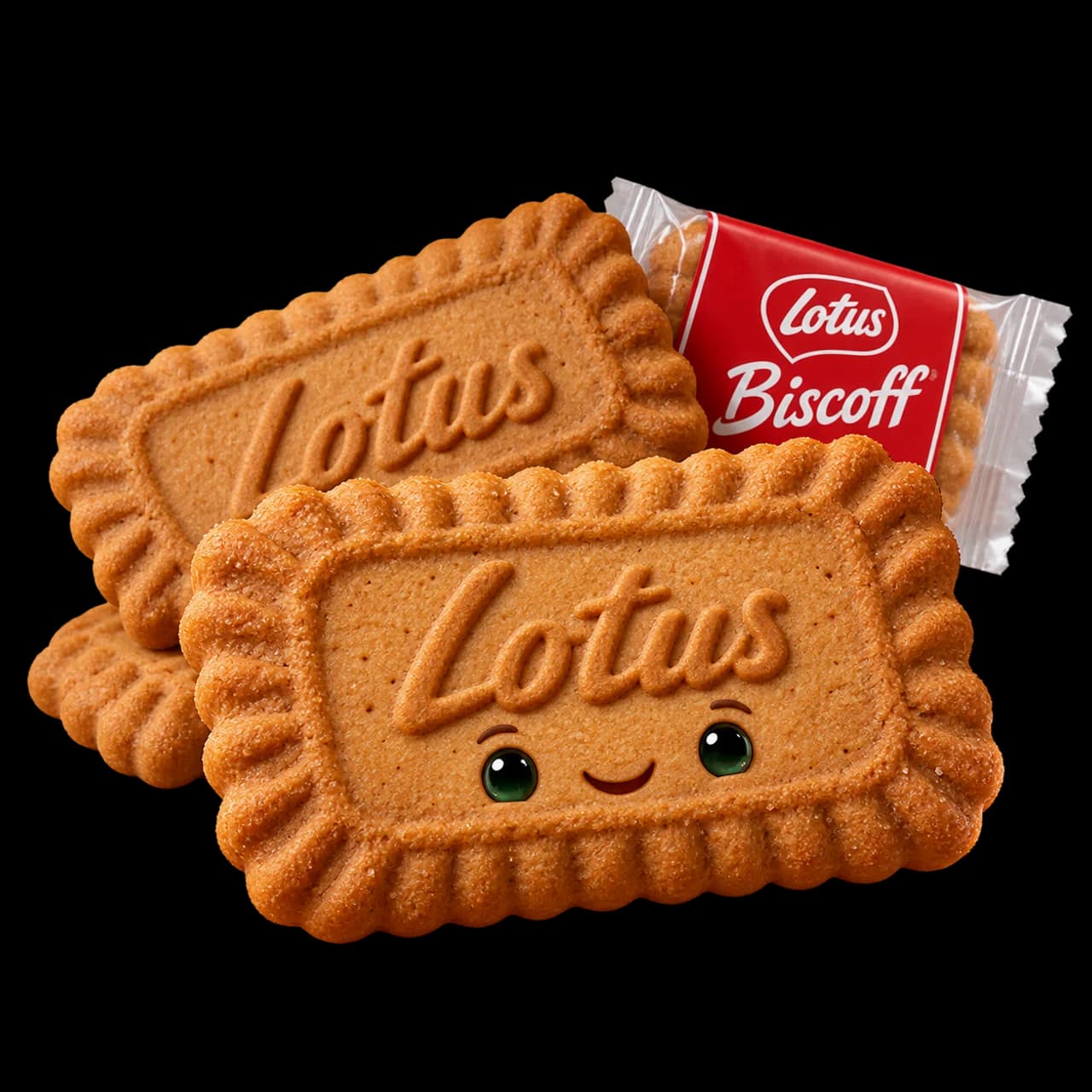 Illustration de spéculoos Lotus caramélisés dont un souriant, devant un petit emballage rouge Biscoff.