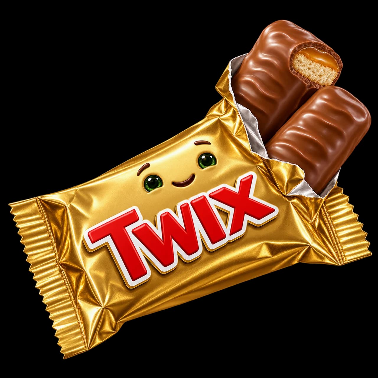 Illustration d’un emballage doré Twix souriant contenant deux barres chocolatées avec biscuit et caramel.