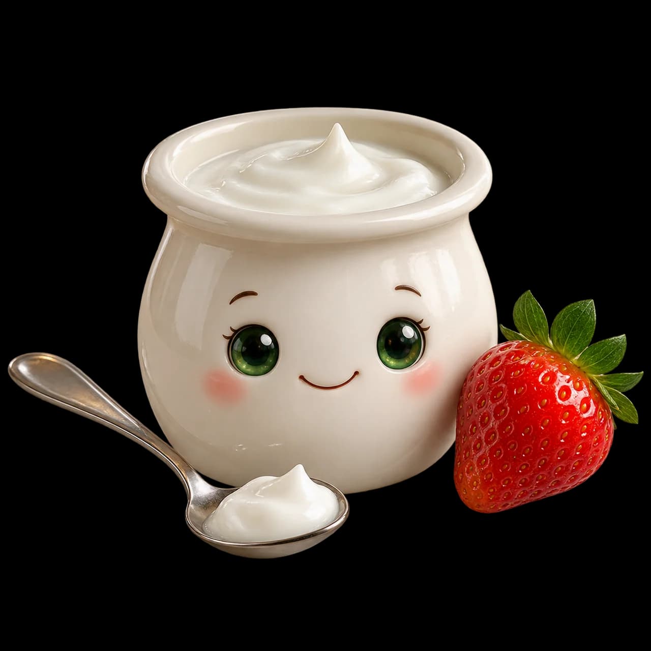 Illustration d’un pot de yaourt blanc souriant avec une cuillère et une fraise.